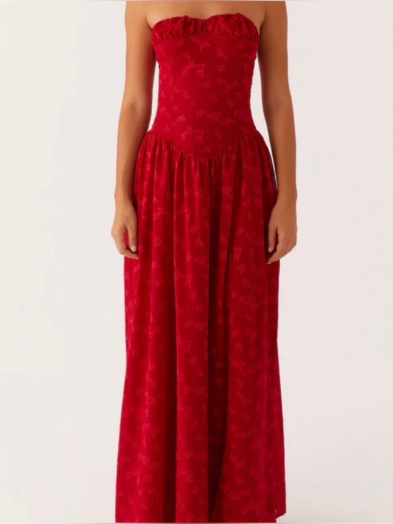 Peppermayo Dresses & Skirts - PepperMayo Red Strapless Floral Jacquard Maxi Dress Side Slit US 6 M